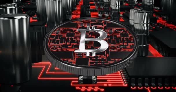 Animación Bitcoin Rojo Código Detalles Metálicos Brillantes Placa Circuito Informático — Vídeo de stock