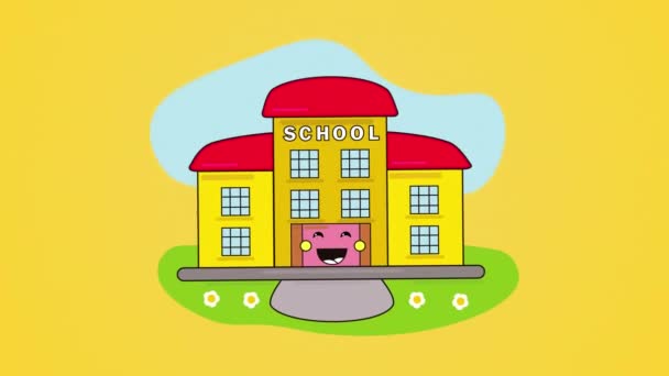 黄色の背景を背景に移動するデジタル人間上の学校の建物のアイコンのデジタルアニメーション 学校の概念 — ストック動画