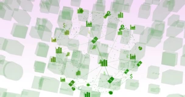 Цифровая Анимация Глобуса Иконок Цифровых Финансов Над Моделью Города Белом — стоковое видео