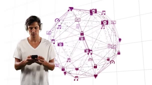 Digital Composite Video Young Man Wearing Headphones Using Smartphone Globe — Stock Video