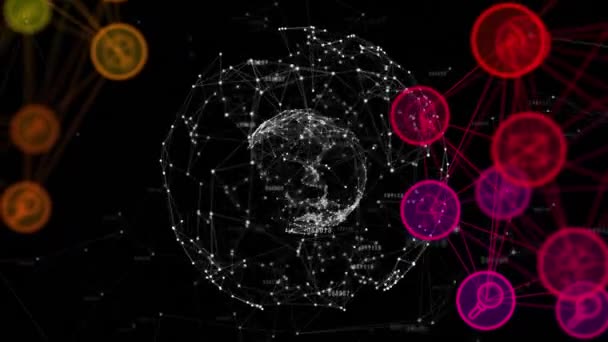 数字动画的环球多色数字图标在全球网络上的连接图标的黑色背景 全球联网和连接概念 — 图库视频影像