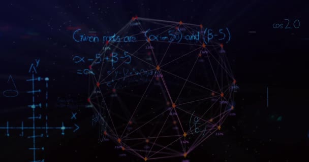 发光的蓝色数学方程在全球箭头上的数字动画 越来越多的数字在黑色背景下旋转 全球联网和连接概念 — 图库视频影像