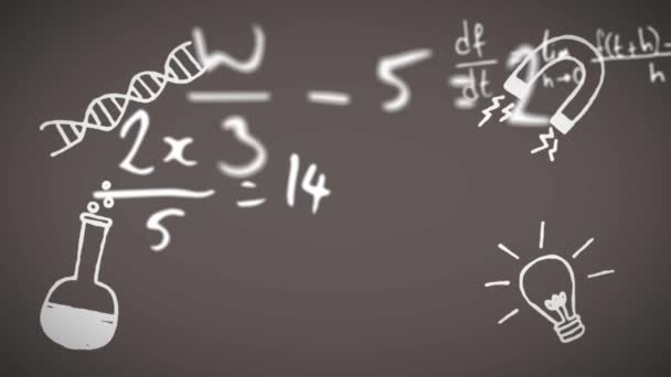Animación Digital Iconos Conceptuales Múltiples Escuelas Ecuaciones Matemáticas Contra Pizarra — Vídeo de stock