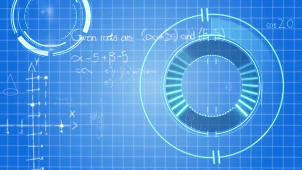 Animación Múltiples Círculos Azules Girando Sobre Ecuaciones Matemáticas Flotando Una — Vídeo de stock
