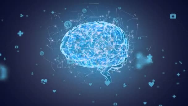 Цифрова Анімація Мережі Єднань Над Цифровим Мозком Цифровими Піктограмами Синьому — стокове відео