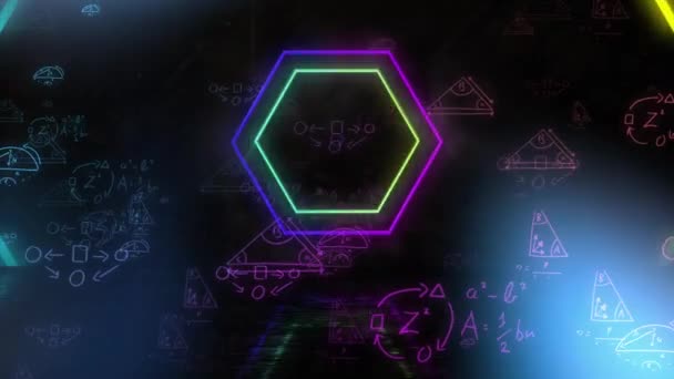 Animación Ecuaciones Matemáticas Neón Flotando Sobre Formas Coloridas Neón Que — Vídeo de stock