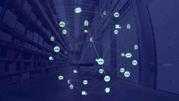 青い背景に空の倉庫に回転緑のデジタルアイコンの地球のデジタル複合ビデオ グローバルネットワークと物流ビジネスコンセプト — ストック動画