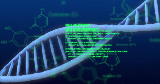 在蓝色背景下 利用化合物的结构公式和3D Dna链在医学数据处理中的动画化 科学研究医学遗传学概念数字复合材料 — 图库视频影像
