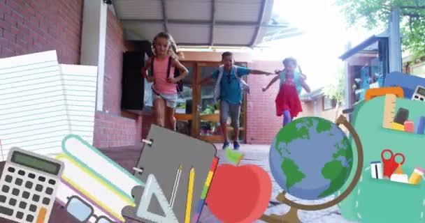 廊下を走る子供たちに対する複数の学校の概念アイコン — ストック動画