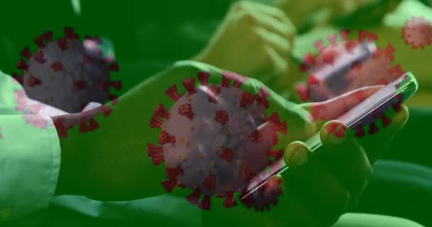 Animering Makro Coronavirus Celler Som Sprider Sig Över Mitten Rad — Stockvideo