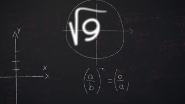 Matematiksel denklemlerin dijital animasyonu, diyagramlar ve formüller siyah arkaplana karşı hareket ediyor. Eğitim ve okul kavramı