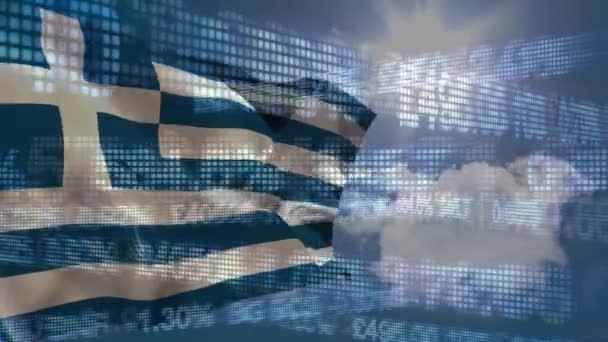 Video Composito Digitale Elaborazione Dei Dati Finanziari Contro Grecia Sventola — Video Stock