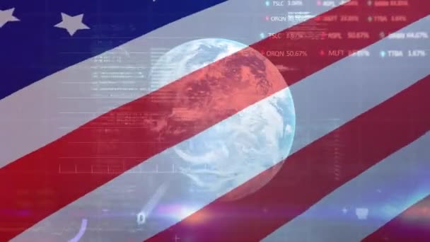 金融数据处理和全球反美国国旗的数字合成视频 全球经济股票市场概念 — 图库视频影像