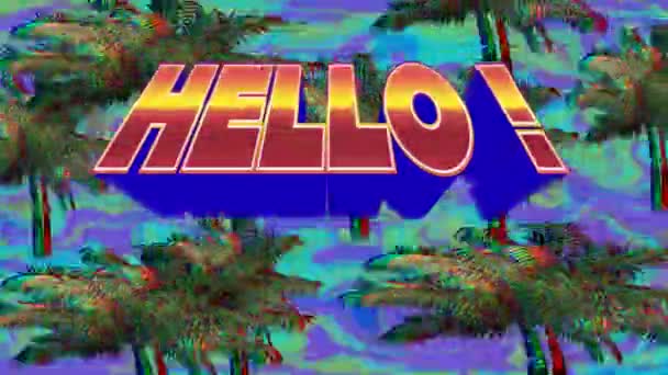 Digital Animation Hello Text Palm Trees Flickering Blue Background Digital — Stock Video