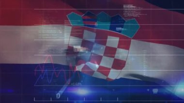 Hırvatistan bayrağının dalgalanmasına karşı yapılan finansal veri işleme videosu. Küresel ekonomi ve finans kavramı