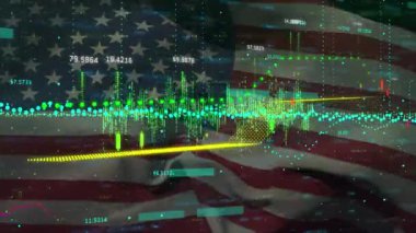 ABD bayrağının dalgalanmasına karşı finansal veri işleme videosu. Küresel ekonomi ve finans kavramı