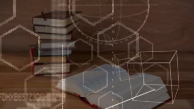 Matematiksel sembollerin ve diyagramların dijital kompozit videosu kitap yığınının üzerinde hareket ediyor ve ahşap zemine karşı kitabı açıyor. Eğitim ve okul kavramı
