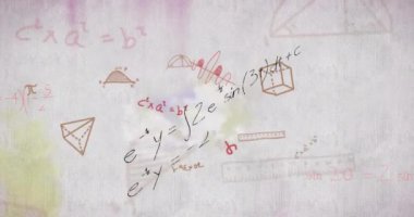 Beyaz zemin üzerinde yüzen çoklu matematiksel denklemlerin animasyonu. Okul kavramına geri dönüş dijital olarak oluşturulan imaj.