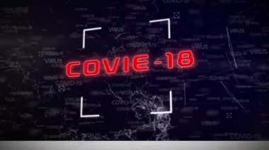 Covid-19 metni ve Covid-19 üzerindeki bağlantı ağı ve siyah arkaplan üzerindeki virüs metninin dijital animasyonu. Covid 19 tıbbi araştırma arayüzü kavramı