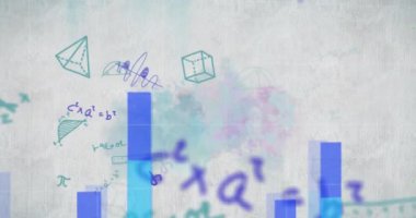 Yüzen diyagramların animasyonu ve arka planda yüzen matematiksel denklemlerin olduğu dünya haritası. Okul kavramına geri dönüş dijital olarak oluşturulan imaj.