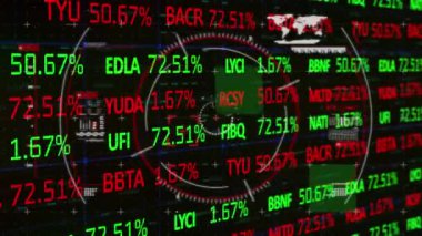 Borsa ve Finansal veri işlemelerinin siyah arka planda dijital animasyonu. Küresel ekonomi borsa konsepti