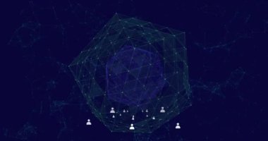 Mavi arkaplanda dönen bağlantı ağları üzerinde hareket eden çoklu profil simgelerinin dijital animasyonu. Küresel ağ ve bağlantı kavramı