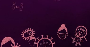 Yüz maskesi, akciğerleri, elleri ve Covid 19 koronavirüs hücresinin mor arka planda hareket ettiği pembe simgelerin canlandırılması. Küresel koronavirüs Covid 19 salgın konsepti dijital olarak oluşturulmuş görüntü.