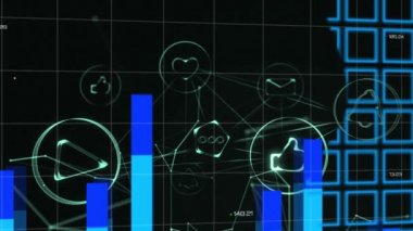 Dijital simgelerin dijital animasyonu ve dünya haritasına karşı ızgara çizgileri üzerinden finansal veri işlemesi. Küresel finans ve Küresel Ağ