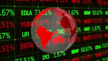 Borsa verileri üzerinde dönen kırmızı kürenin dijital animasyonu siyah arkaplandaki ızgara çizgilerine karşı. Küresel ekonomi borsa konsepti