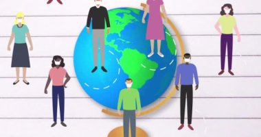 Beyaz arka planda dönen dünya üzerinde sosyal uzaklığın piktogramlarının animasyonu. Okul kavramına geri dönüş dijital olarak oluşturulan imaj.