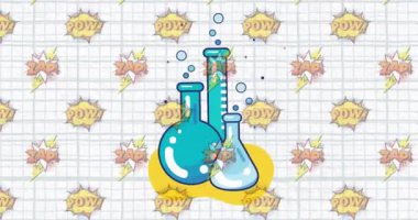 Birden fazla zap üzerine laboratuvar beher ikonu dijital animasyonu ve kare kağıt üzerinde hareket eden konuşma baloncukları üzerine pow metin