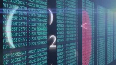 Matematiksel sembollerin ve sayıların dijital animasyonu, siyah arkaplana karşı veri işleme üzerinde parmak izi tarayıcısı üzerinde hareket ediyor. Dijital çevrimiçi güvenlik bilgisayarı kavramı