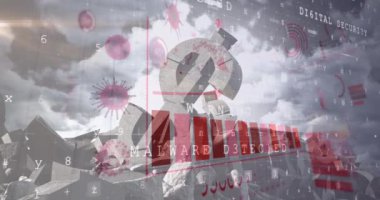 Dijital arayüz Coronavirus Covid 19 hücrenin, grafiklerin ve istatistiklerin dolar üzerindeki animasyonu. Dijital olarak üretilen küresel koronavirüs pandemik konsepti.