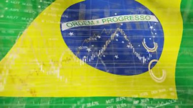 Brezilya bayrağının dalgalanmasına karşı yapılan finansal veri işleme videosu. Küresel ekonomi borsa konsepti