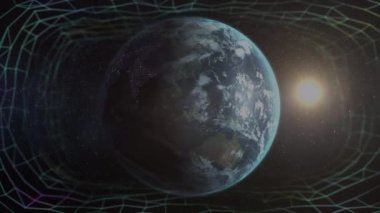 Dünyanın dört bir yanında parlayan yeşil dalgaların dijital animasyonu dönüyor ve sarı ışığın siyah arkaplana vurduğu nokta. Küresel ağ ve bağlantı kavramı