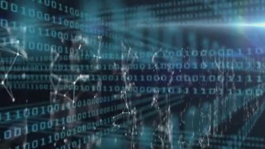 Bağlantılar Ağı 'nın dijital animasyonu ve kara arkaplana karşı veri işleme üzerinde parlayan ışık noktası. Küresel ağ oluşturma ve çevrimiçi güvenlik kavramı