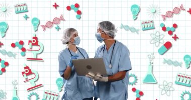 Beyaz arka planda birden fazla yüzen kimyasal resim üzerinde dizüstü bilgisayar kullanan iki beyaz doktorun animasyonu. Okul kavramına geri dönüş dijital olarak oluşturulan imaj.