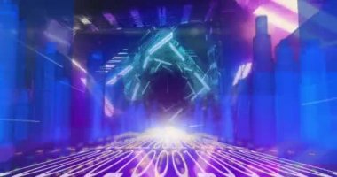 Arka planda, dönen neon şekillerinin oluşturduğu tünel üzerine ikili kodlama ile dijital arayüzün animasyonu. Dijital olarak oluşturulan küresel dijital konsept.