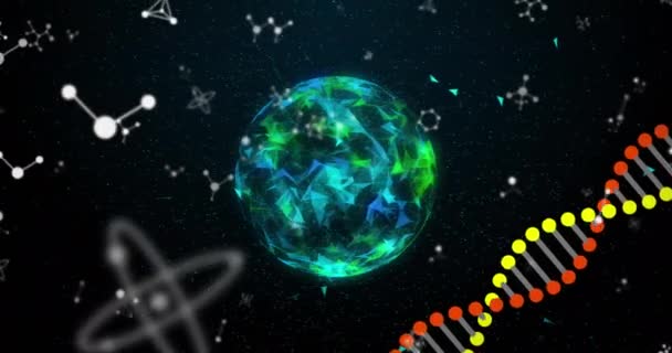 Animation Spinning Globe Molecules Dna Strand Spinning Black Background Global — Stock Video