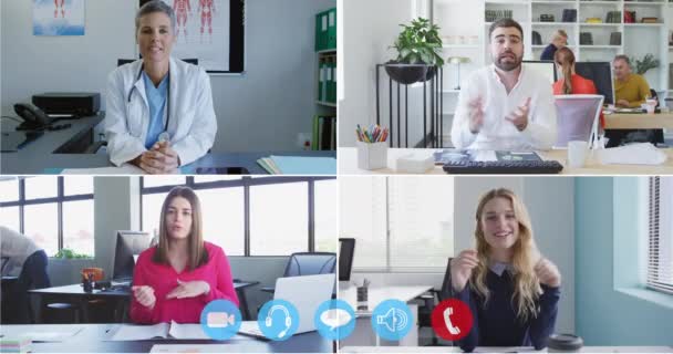 Animacja Czterech Ekranów Lekarzami Profesjonalistami Wideokonferencji Odległość Społeczna Izolacja Czasie — Wideo stockowe