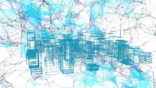 Animace Digitálního Rozhraní Spřádání Modře Zářící Architektonický Model Města Přes — Stock video
