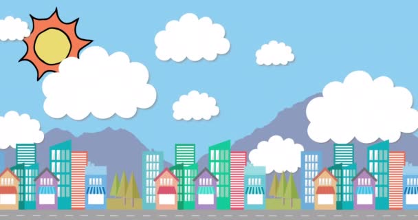 Анимация Иллюстрации Красочного Городского Пейзажа Несколькими Зданиями Дорогой Движущейся Горами — стоковое видео