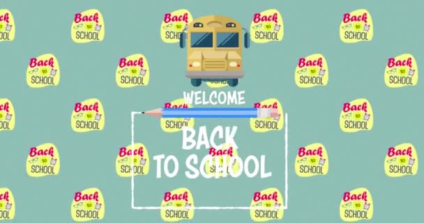デジタルアニメーション緑の背景を背景にバッジ上の学校のテキストに戻る複数の上の学校のテキストと鉛筆とスクールバスのアイコンへようこそ — ストック動画