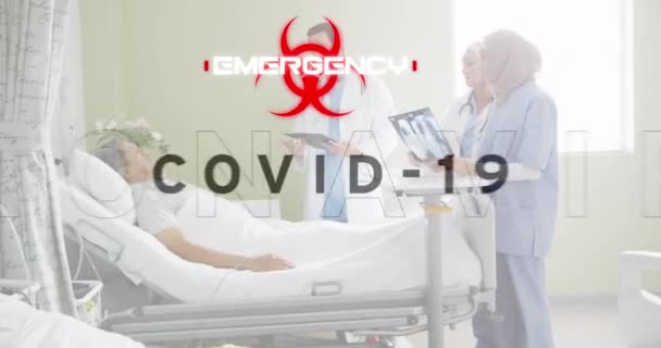 Animação Texto Covid Coronavírus Símbolo Risco Biológico Alertando Sobre Paciente — Vídeo de Stock