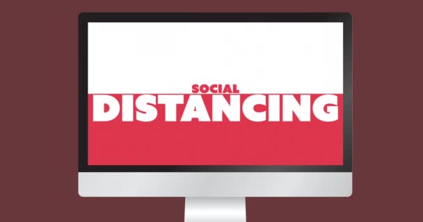 Digital Animation Social Distancing Text Computer Screen Red Background Coronavirus — Stock Video