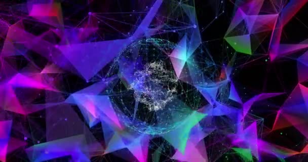 Animación Digital Redes Multicolores Plexo Sobre Globo Red Conexiones Girando — Vídeo de stock