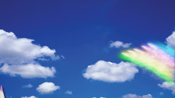 Animación Lápices Colores Formación Sobre Arco Iris Nubes Sobre Fondo — Vídeo de stock