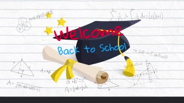Animación Digital Bienvenida Nuevo Texto Escuela Sombrero Graduación Icono Diploma — Vídeos de Stock