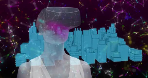 Animación Mujer Con Auriculares Sobre Interfaz Digital Azul Brillante Modelo — Vídeos de Stock