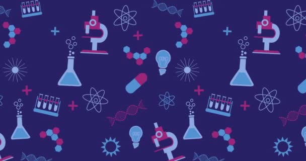 Animation Multiple Floating Chemical Pictograms Blue Background Education Back School — Stock Video